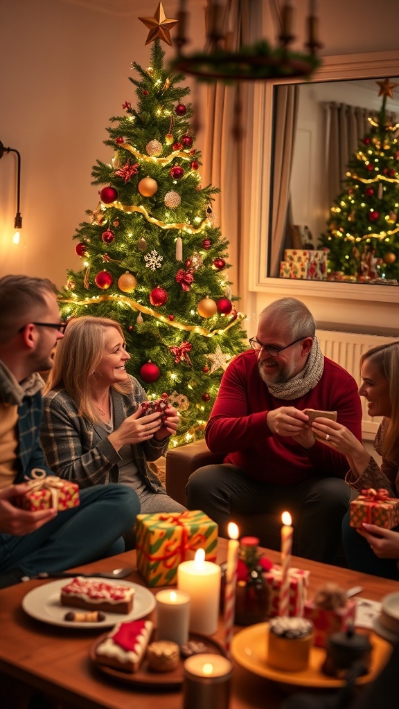 Friends celebrating Christmas together with a decorated tree and festive treats.